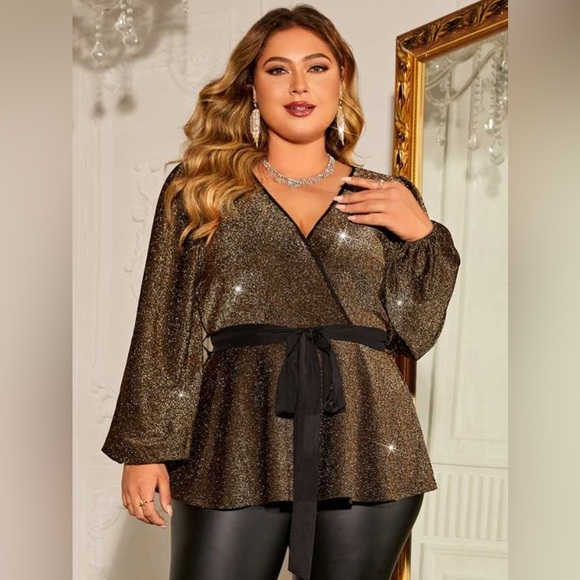 Plus Size Shiny Tie Waist Wrap Top - Picture 1 of 4